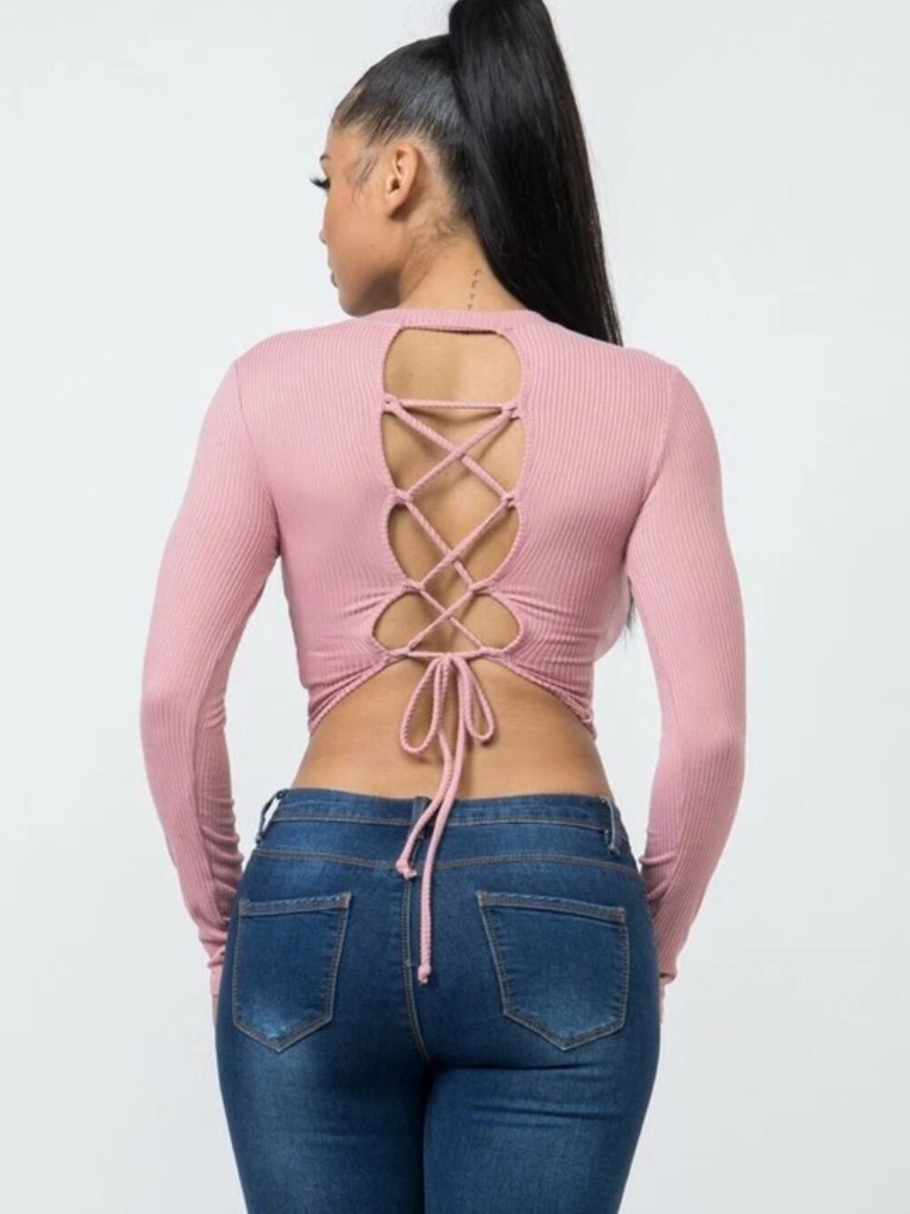 Ribbed Long Sleeve Lace-Up Back Crop Top Pink NIP‎